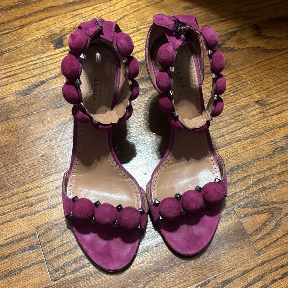 Alaïa Fuchsia Suede Sandals with Pom-Pom Accents
